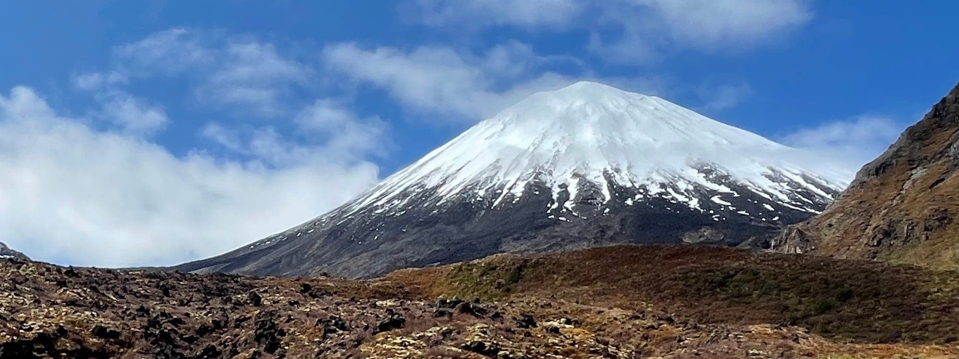 The snow-capped cone of Mt Ngāuruhoe rising above tussock in Tongariro National Park